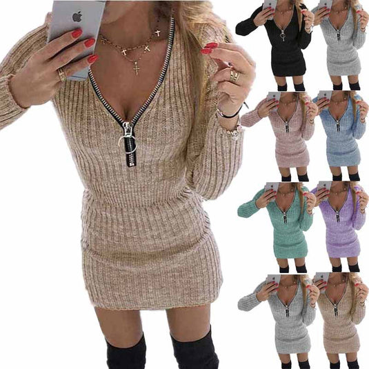 "Women's Knitted Midi Wrap Dress – Long Sleeve, Zipper Waist, Autumn Winter Style"