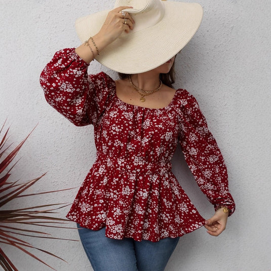Fashion Waist-controlled Square Collar Printed Floral Print Long Sleeve Shirt