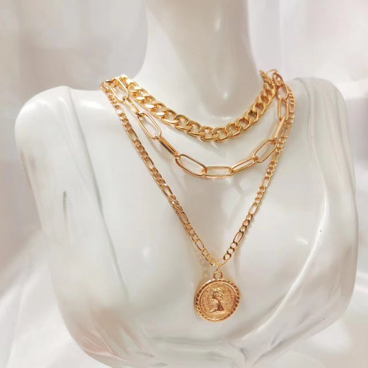 Fashionable All-match Alloy Multi-layer Beauty Head Pendant Necklace