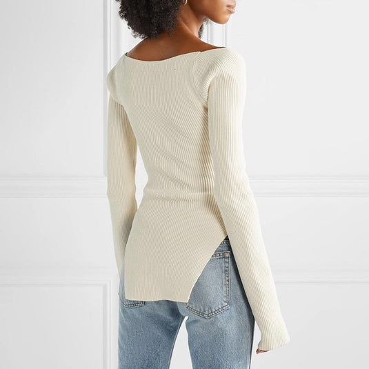 Spring And Summer Fashion Women Clothes Cashmere Sqaure Collar Full Sleeves Elastic High Waist Sexy Pullover Dropshipping
