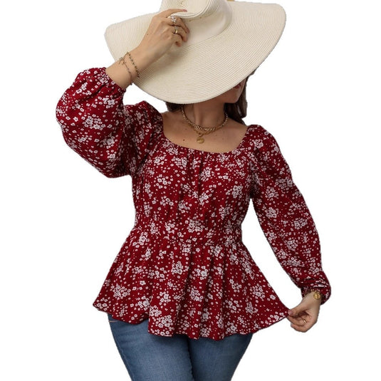 Fashion Waist-controlled Square Collar Printed Floral Print Long Sleeve Shirt
