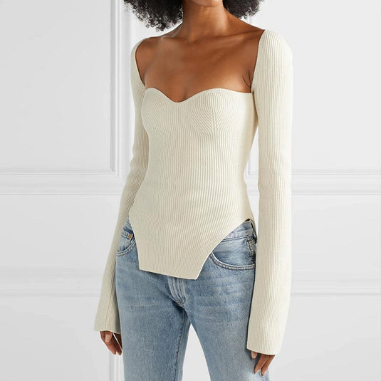 Spring And Summer Fashion Women Clothes Cashmere Sqaure Collar Full Sleeves Elastic High Waist Sexy Pullover Dropshipping