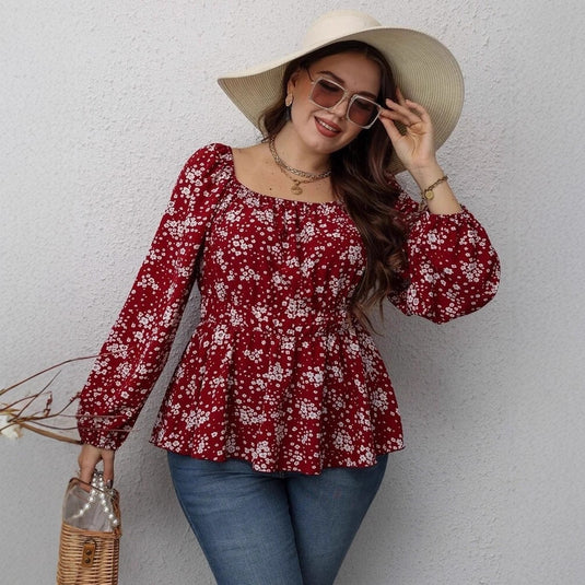 Fashion Waist-controlled Square Collar Printed Floral Print Long Sleeve Shirt