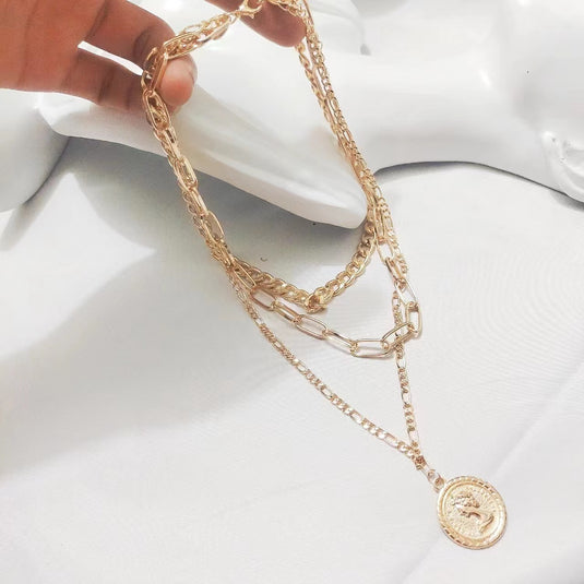 Fashionable All-match Alloy Multi-layer Beauty Head Pendant Necklace