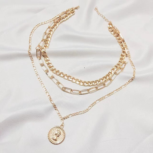 Fashionable All-match Alloy Multi-layer Beauty Head Pendant Necklace