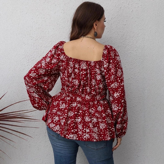 Fashion Waist-controlled Square Collar Printed Floral Print Long Sleeve Shirt